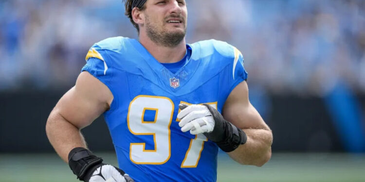 Sep 15, 2024; Charlotte, North Carolina, USA; Los Angeles Chargers linebacker Joey Bosa (97) during the first quarter against the Carolina Panthers at Bank of America Stadium. Mandatory Credit: Jim Dedmon-Imagn Images