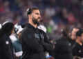 Aug 15, 2024; Foxborough, MA, USA; Philadelphia Eagles head coach Nick Sirianni works from the sideline during the first half against the New England Patriots at Gillette Stadium. Mandatory Credit: Eric Canha-USA TODAY Sports