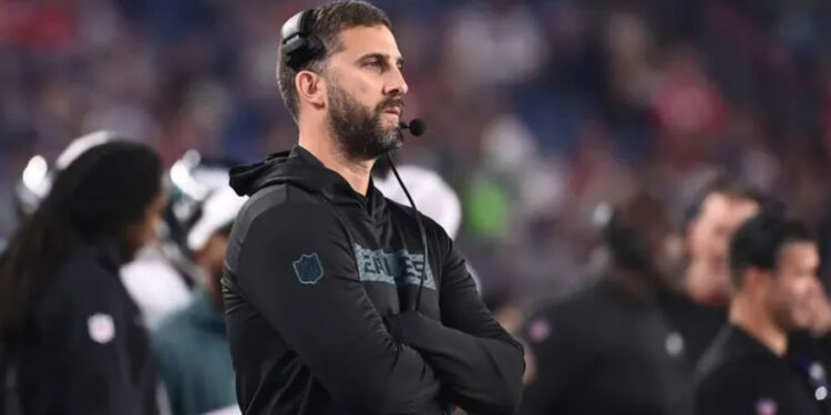 Aug 15, 2024; Foxborough, MA, USA; Philadelphia Eagles head coach Nick Sirianni works from the sideline during the first half against the New England Patriots at Gillette Stadium. Mandatory Credit: Eric Canha-USA TODAY Sports