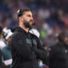 Aug 15, 2024; Foxborough, MA, USA; Philadelphia Eagles head coach Nick Sirianni works from the sideline during the first half against the New England Patriots at Gillette Stadium. Mandatory Credit: Eric Canha-USA TODAY Sports