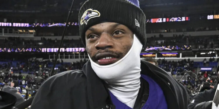 Jan 4, 2025; Baltimore, Maryland, USA; Baltimore Ravens quarterback Lamar Jackson (8) on the field after the game against the Cleveland Browns at M&T Bank Stadium. Mandatory Credit: Tommy Gilligan-Imagn Images