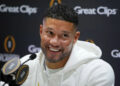 Jan 18, 2025; Atlanta, GA, USA; Notre Dame Fighting Irish head coach Marcus Freeman talks to the media during 2025 CFP National Championship Media Day at Georgia World Congress Center, Building A. Mandatory Credit: Kirby Lee-Imagn Images