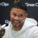 Jan 18, 2025; Atlanta, GA, USA; Notre Dame Fighting Irish head coach Marcus Freeman talks to the media during 2025 CFP National Championship Media Day at Georgia World Congress Center, Building A. Mandatory Credit: Kirby Lee-Imagn Images