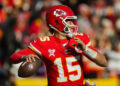 Kansas City Chiefs quarterback Patrick Mahomes (15) throws a pass during the first half against the Houston Texans at GEHA Field at Arrowhead Stadium. Mandatory Credit: Jay Biggerstaff-Imagn Images