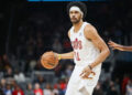 Mar 6, 2024; Atlanta, Georgia, USA; Cleveland Cavaliers center Jarrett Allen (31) handles the ball against the Atlanta Hawks in the first quarter at State Farm Arena. credits: Brett Davis-USA TODAY Sports