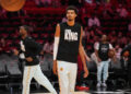 Jan 19, 2025; Miami, Florida, USA; San Antonio Spurs center Victor Wembanyama (1) warms up before the game against the Miami Heat at Kaseya Center. Mandatory Credit: Jim Rassol-Imagn Images