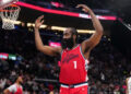 Jan 25, 2025; Inglewood, California, USA; LA Clippers guard James Harden (1) reacts against the Milwaukee Bucks in the second half at Intuit Dome. Mandatory Credit: Kirby Lee-Imagn Images