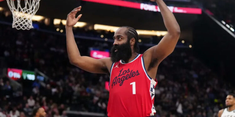 Jan 25, 2025; Inglewood, California, USA; LA Clippers guard James Harden (1) reacts against the Milwaukee Bucks in the second half at Intuit Dome. Mandatory Credit: Kirby Lee-Imagn Images