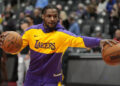 Nov 1, 2024; Toronto, Ontario, CAN; Los Angeles Lakers guard Bronny James (9) during warm-up before a game against the Toronto Raptors at Scotiabank Arena. Mandatory Credit: John E. Sokolowski-Imagn Images