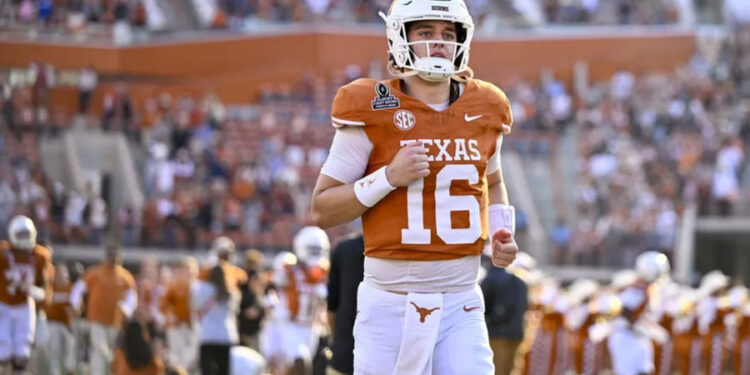 Dec 21, 2024; Austin, Texas, USA; Texas Longhorns quarterback Arch Manning (16) takes the field before the game between the Texas Longhorns and the Clemson Tigers in the CFP National Playoff First Round at Darrell K Royal-Texas Memorial Stadium. Mandatory Credit: Jerome Miron-Imagn Images