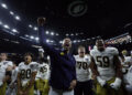 NEW ORLEANS, LOUISIANA - JANUARY 02: Head coach Marcus Freeman of the Notre Dame Fighting Irish celebrates with his team after a 23-10 victory against the Georgia Bulldogs in the 91st Allstate Sugar Bowl at Caesars Superdome on January 02, 2025 in New Orleans, Louisiana. (Photo by Sean Gardner/Getty Images)