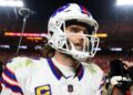 <span>Josh Allen walks off the field after another painful loss to the Chiefs. </span><span>Photograph: Mark J Rebilas/USA Today Sports</span>