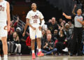 CLEVELAND, OHIO - JANUARY 08: Darius Garland #10 of the Cleveland Cavaliers reacts during the second quarter against the Oklahoma City Thunder at Rocket Mortgage Fieldhouse on January 08, 2025 in Cleveland, Ohio. NOTE TO USER: User expressly acknowledges and agrees that, by downloading and or using this photograph, User is consenting to the terms and conditions of the Getty Images License Agreement. (Photo by Jason Miller/Getty Images)