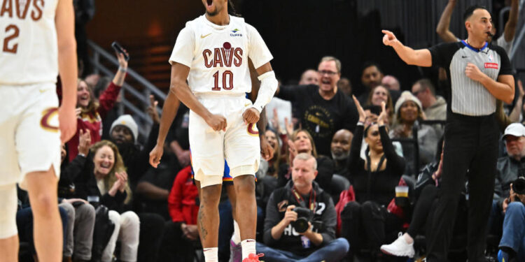 CLEVELAND, OHIO - JANUARY 08: Darius Garland #10 of the Cleveland Cavaliers reacts during the second quarter against the Oklahoma City Thunder at Rocket Mortgage Fieldhouse on January 08, 2025 in Cleveland, Ohio. NOTE TO USER: User expressly acknowledges and agrees that, by downloading and or using this photograph, User is consenting to the terms and conditions of the Getty Images License Agreement. (Photo by Jason Miller/Getty Images)