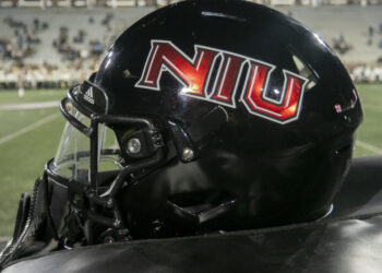 KALAMAZOO, MI - NOVEMBER 09: A general view of a Northern Illinois Huskies Adidas helmet before the college football game between the Northern Illinois Huskies and Western Michigan Broncos on November 09, 2022, at Waldo Stadium in Kalamazoo, MI. (Photo by Joseph Weiser/Icon Sportswire via Getty Images)