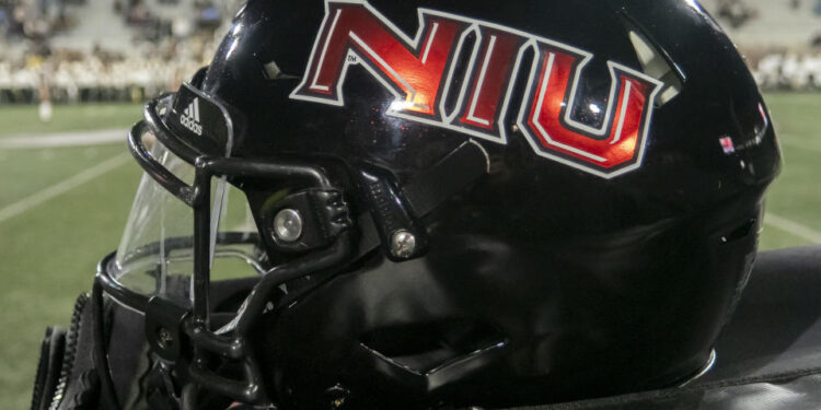 KALAMAZOO, MI - NOVEMBER 09: A general view of a Northern Illinois Huskies Adidas helmet before the college football game between the Northern Illinois Huskies and Western Michigan Broncos on November 09, 2022, at Waldo Stadium in Kalamazoo, MI. (Photo by Joseph Weiser/Icon Sportswire via Getty Images)