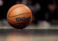 DETROIT, MICHIGAN - JANUARY 09: A detailed view of a Wilson brand official game ball with the NBA logo on the basketball court during the game between the Detroit Pistons and Golden State Warriors at Little Caesars Arena on January 09, 2025 in Detroit, Michigan. NOTE TO USER: User expressly acknowledges and agrees that, by downloading and or using this photograph, User is consenting to the terms and conditions of the Getty Images License Agreement. (Photo by Nic Antaya/Getty Images)