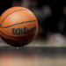 DETROIT, MICHIGAN - JANUARY 09: A detailed view of a Wilson brand official game ball with the NBA logo on the basketball court during the game between the Detroit Pistons and Golden State Warriors at Little Caesars Arena on January 09, 2025 in Detroit, Michigan. NOTE TO USER: User expressly acknowledges and agrees that, by downloading and or using this photograph, User is consenting to the terms and conditions of the Getty Images License Agreement. (Photo by Nic Antaya/Getty Images)