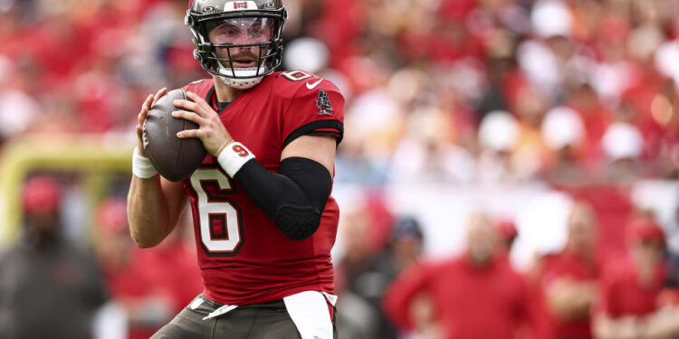 Baker Mayfield of the Tampa Bay Buccaneers has 39 touchdown passes going into the final game of the season. (Photo by Kevin Sabitus/Getty Images)