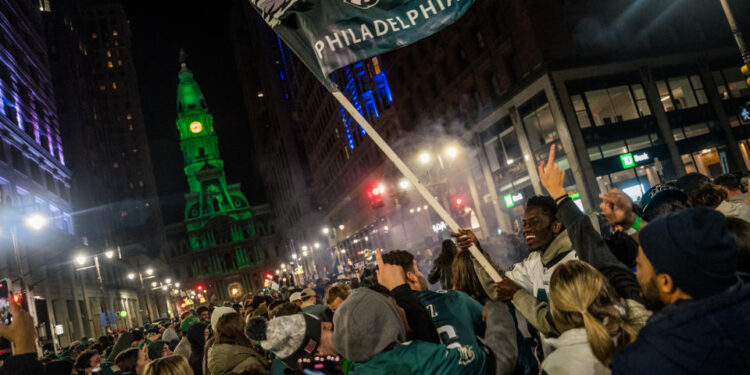 Following the Eagles' win over the Commanders to advance to Super Bowl LIX, thousands of fans flooded the streets to celebrate. (Photo by Thomas Hengge/Anadolu via Getty Images)