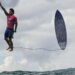 The third day of the surfing Olympic event in French Polynesia at Teahupo’o, Brazilian surfer Gabriel Medina gets the biggest wave of the competition and celebrates in a unique position by thanking God. July 29, 2024