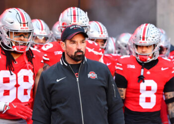 COLUMBUS, OHIO - NOVEMBER 30: Head coach Ryan Day of the Ohio State Buckeyes lines up to take the field prior to a game against the Michigan Wolverines at Ohio Stadium on November 30, 2024 in Columbus, Ohio. (Photo by Ben Jackson/Getty Images)