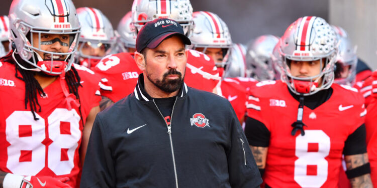 COLUMBUS, OHIO - NOVEMBER 30: Head coach Ryan Day of the Ohio State Buckeyes lines up to take the field prior to a game against the Michigan Wolverines at Ohio Stadium on November 30, 2024 in Columbus, Ohio. (Photo by Ben Jackson/Getty Images)