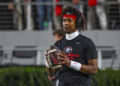 ATHENS, GA - NOVEMBER 16: Georgia Bulldogs quarterback Jaden Rashada (10) prior to the college football game between the Tennessee Volunteers and the Georgia Bulldogs on November 16, 2024, on Dooley Field at Sanford Stadium in Athens, GA. (Photo by John Adams/Icon Sportswire via Getty Images)