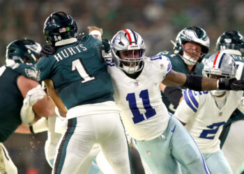 Nov 10, 2024; Arlington, Texas, USA; Dallas Cowboys linebacker Micah Parsons (11) rushes the passer in the game against the Philadelphia Eagles at AT&T Stadium. Mandatory Credit: Tim Heitman-Imagn Images