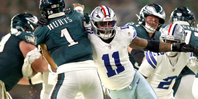 Nov 10, 2024; Arlington, Texas, USA; Dallas Cowboys linebacker Micah Parsons (11) rushes the passer in the game against the Philadelphia Eagles at AT&T Stadium. Mandatory Credit: Tim Heitman-Imagn Images