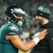 PHILADELPHIA, PENNSYLVANIA - JANUARY 26: Jalen Hurts #1 of the Philadelphia Eagles celebrates with head coach Nick Sirianni after their 55-23 win over the Washington Commanders during the NFC Championship Game at Lincoln Financial Field on January 26, 2025 in Philadelphia, Pennsylvania.  (Photo by Mitchell Leff/Getty Images)