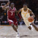 Tennessee guard Chaz Lanier (2) drives against Arkansas forward Adou Thiero (3) during the first half of an NCAA college basketball game Saturday, Jan. 4, 2025, in Knoxville, Tenn. (AP Photo/Wade Payne)