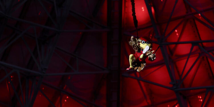 ATLANTA, GEORGIA - OCTOBER 3: Mascot Freddie Falcon of the Atlanta Falcons hangs from the catwalk prior to an NFL football game between the Atlanta Falcons and the Tampa Bay Buccaneers at Mercedes-Benz Stadium on October 3, 2024 in Atlanta, Georgia. (Photo by Kevin Sabitus/Getty Images)