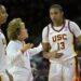 Southern California associate head coach Beth Burns talks with Southern California center Rayah Marshall (13) as Southern California guard JuJu Watkins, left, looks on during an NCAA college basketball game against Penn State, Sunday, Jan. 12, 2025, in Los Angeles. (AP Photo/Jayne Kamin-Oncea)