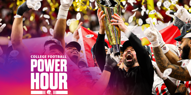 Head coach Ryan Day and the Ohio State Buckeyes hoist the trophy after beating the Notre Dame Fighting Irish 34-23 in the 2025 CFP National Championship. (Photo by Carmen Mandato/Getty Images)