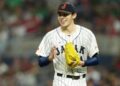 Roki Sasaki smiles while pitching for Japan in the World Baseball Classic in March 2023.