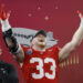 ARLINGTON, TEXAS - JANUARY 10: Jack Sawyer #33 of the Ohio State Buckeyes celebrates during the trophy ceremony after beating the Texas Longhorns 28-14 to win the Goodyear Cotton Bowl at AT&T Stadium on January 10, 2025 in Arlington, Texas. (Photo by Ron Jenkins/Getty Images)