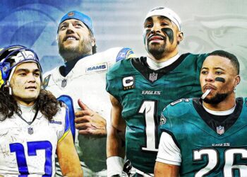 Clockwise from bottom left: Rams Puka Nacua and Matthew Stafford, Eagles Jalen Hurts and Saquon Barkley.