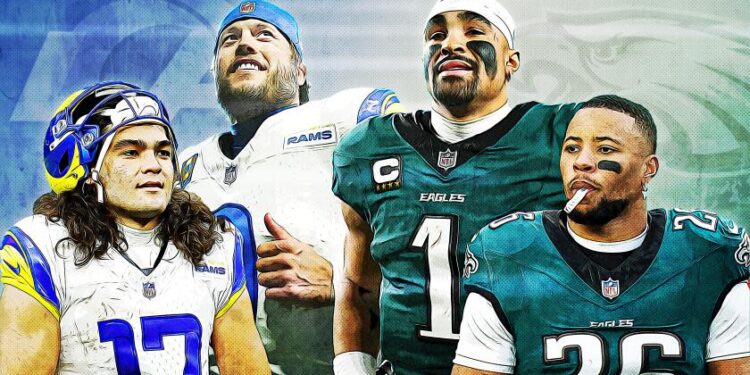 Clockwise from bottom left: Rams Puka Nacua and Matthew Stafford, Eagles Jalen Hurts and Saquon Barkley.