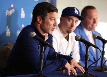 Los Angeles, California December 3, 2024-President of baseball operations for the Dodgers Andrew Friedman talks about new pitcher Blake Snell during a press conference at Dodgers Stadium Tuesday. (Wally Skalij/Los Angeles Times)