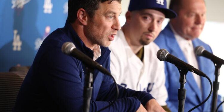 Los Angeles, California December 3, 2024-President of baseball operations for the Dodgers Andrew Friedman talks about new pitcher Blake Snell during a press conference at Dodgers Stadium Tuesday. (Wally Skalij/Los Angeles Times)