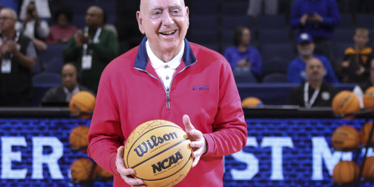 TAMPA, FL - MARCH 12: College basketball legend Dick Vitale is featuring before the SEC Tournament between the Texas A&M Aggies and the Arkansas Razorbacks on Thursday, March 11, 2022 at the Amalie Arena in Tampa, FL (Photo by Peter Joneleit/Icon Sportswire via Getty Images)