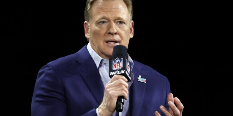 NFL Commissioner Roger Goodell during a news conference ahead of the Super Bowl 57.