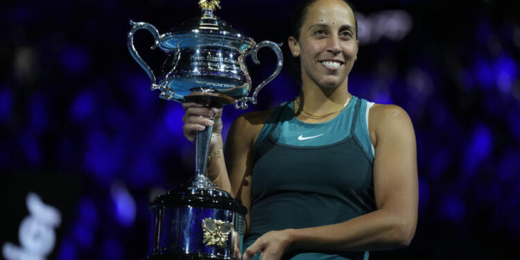 Tennis: Australian Open: Madison Keys of the United States victorious, poses with the Daphne Akhurst Memorial Cup after victory vs Aryna Sabalenka of Belarus during the Women's Singles Final match at Melbourne Park. 
Melbourne, Australia 1/25/2025 
CREDIT: Erick W. Rasco (Photo by Erick W. Rasco/Sports Illustrated via Getty Images) 
(Set Number: X164672)