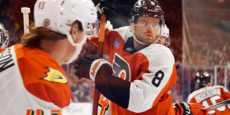 Philadelphia Flyers defenseman Cam York (8) stays alert against Anaheim Ducks defenseman Drew Helleson (43). <p>Megan DeRuchie-The Hockey News</p>