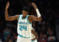 CHARLOTTE, NORTH CAROLINA - JANUARY 07: Brandon Miller #24 of the Charlotte Hornets reacts following a three point basket during the first half of game against the Phoenix Suns at Spectrum Center on January 07, 2025 in Charlotte, North Carolina. NOTE TO USER: User expressly acknowledges and agrees that, by downloading and or using this photograph, User is consenting to the terms and conditions of the Getty Images License Agreement. (Photo by Jared C. Tilton/Getty Images)