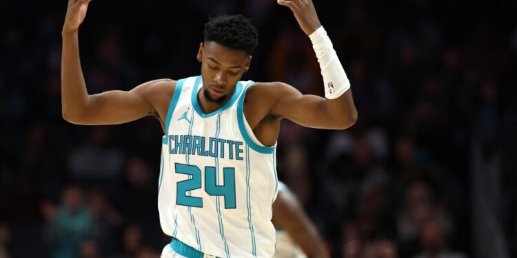 CHARLOTTE, NORTH CAROLINA - JANUARY 07: Brandon Miller #24 of the Charlotte Hornets reacts following a three point basket during the first half of game against the Phoenix Suns at Spectrum Center on January 07, 2025 in Charlotte, North Carolina. NOTE TO USER: User expressly acknowledges and agrees that, by downloading and or using this photograph, User is consenting to the terms and conditions of the Getty Images License Agreement. (Photo by Jared C. Tilton/Getty Images)