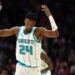 CHARLOTTE, NORTH CAROLINA - JANUARY 07: Brandon Miller #24 of the Charlotte Hornets reacts following a three point basket during the first half of game against the Phoenix Suns at Spectrum Center on January 07, 2025 in Charlotte, North Carolina. NOTE TO USER: User expressly acknowledges and agrees that, by downloading and or using this photograph, User is consenting to the terms and conditions of the Getty Images License Agreement. (Photo by Jared C. Tilton/Getty Images)