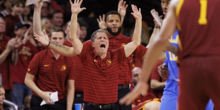 LOS ANGELES, CA- JANUARY 27, 2025: USC Trojans head coach Eric Musselman gestures.