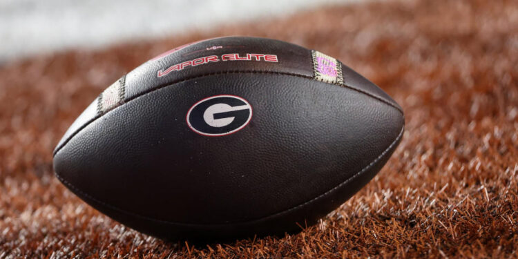 AUSTIN, TX - OCTOBER 19: A Vapor Elite football with the Georgia logo on it sits on the field during the SEC college football game between Texas Longhorns and Georgia Bulldogs on October 19, 2024, at Darrell K Royal - Texas Memorial Stadium in Austin, TX. (Photo by David Buono/Icon Sportswire via Getty Images)